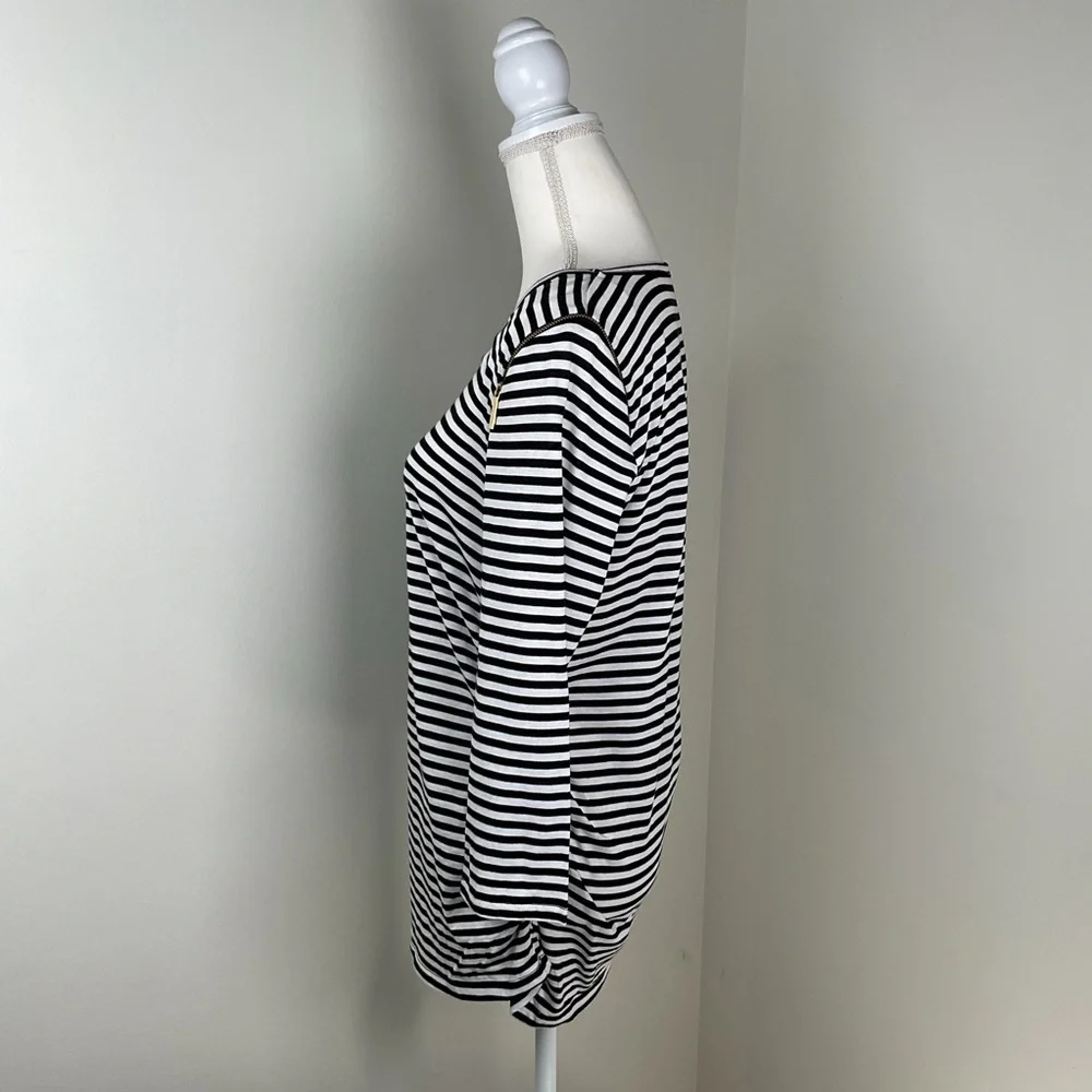 Michael Kors Womens Multi Striped Ruched Knit Zipped Shoulder 3/4 Sleeve Top LRG